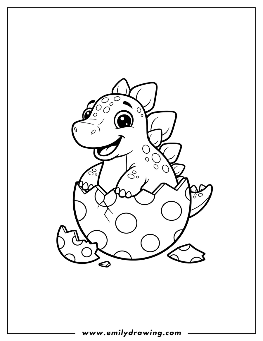 Downloadable coloring page of smiling Kawaii Stegosaurus coming out of a cracked polka dot dinosaur egg