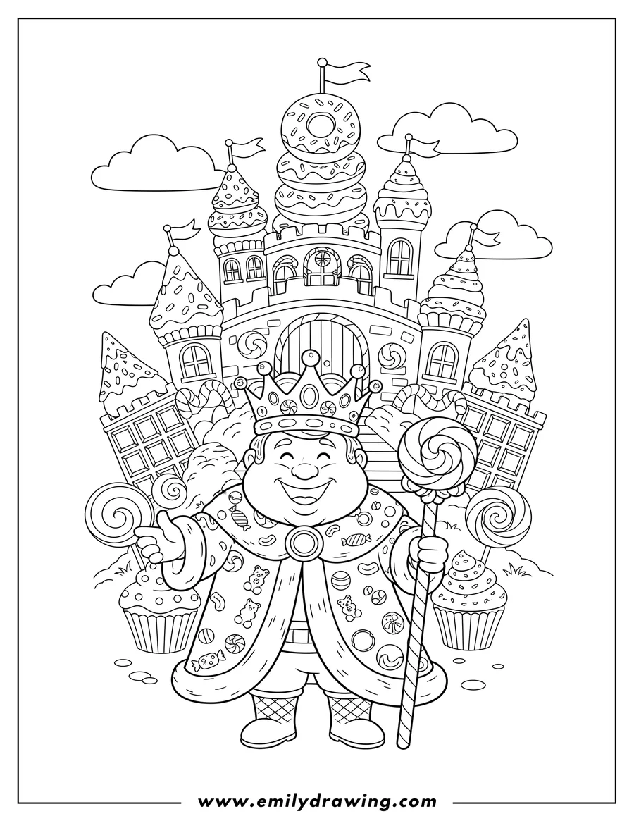 Vector style outline of smiling King Kandy, adorned with candy, in front of his candy castle