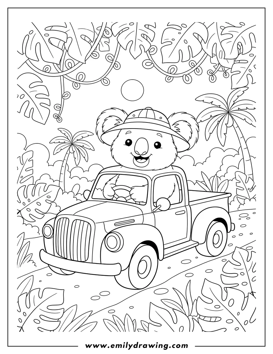 Clean line drawing: smiling koala with a hat driving a pickup truck in a jungle