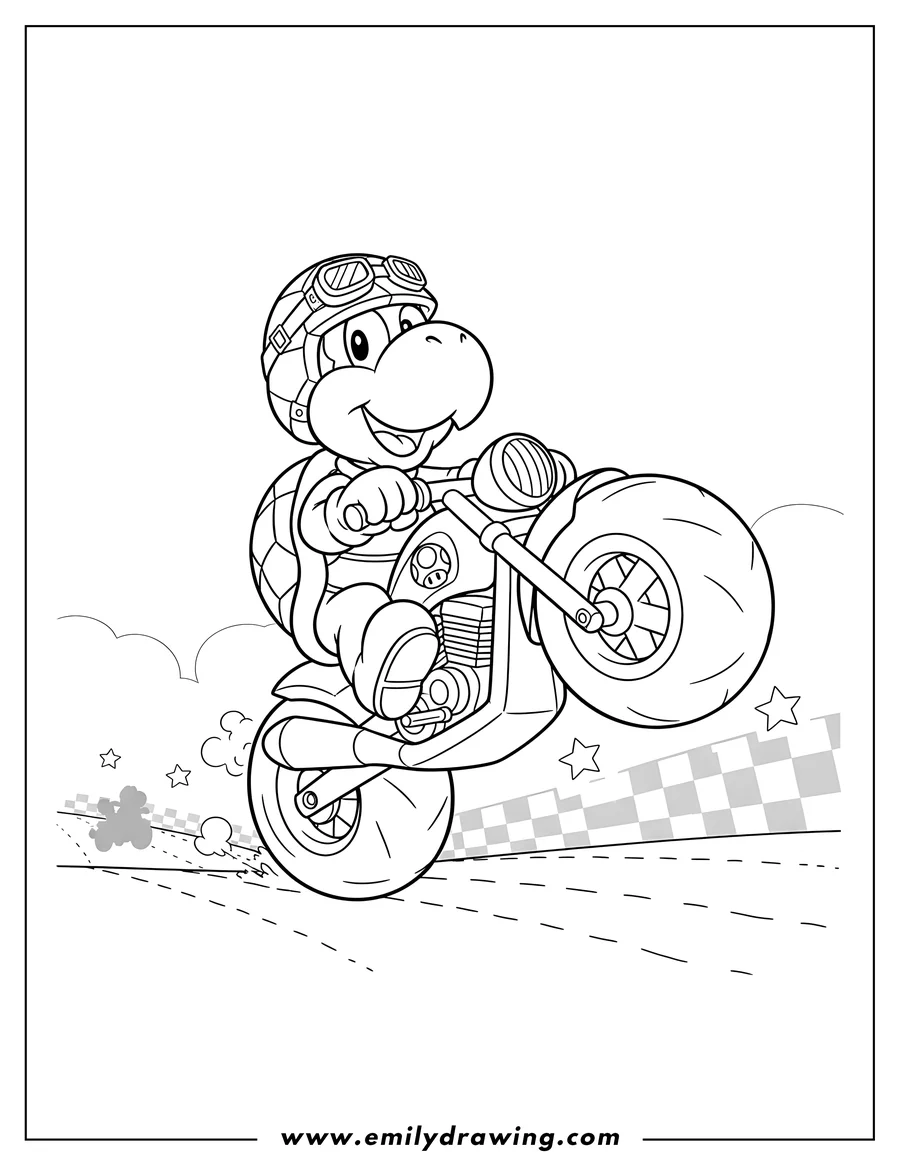 High quality printable smiling Koopa Troopa on a motorcycle doing a wheelie in a Mario Kart race for coloring