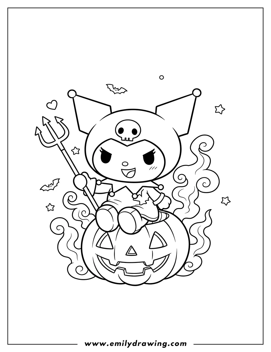 Clean line drawing: smiling Kuromi holding a heart-tipped trident while sitting on a Jack O Lantern for Halloween