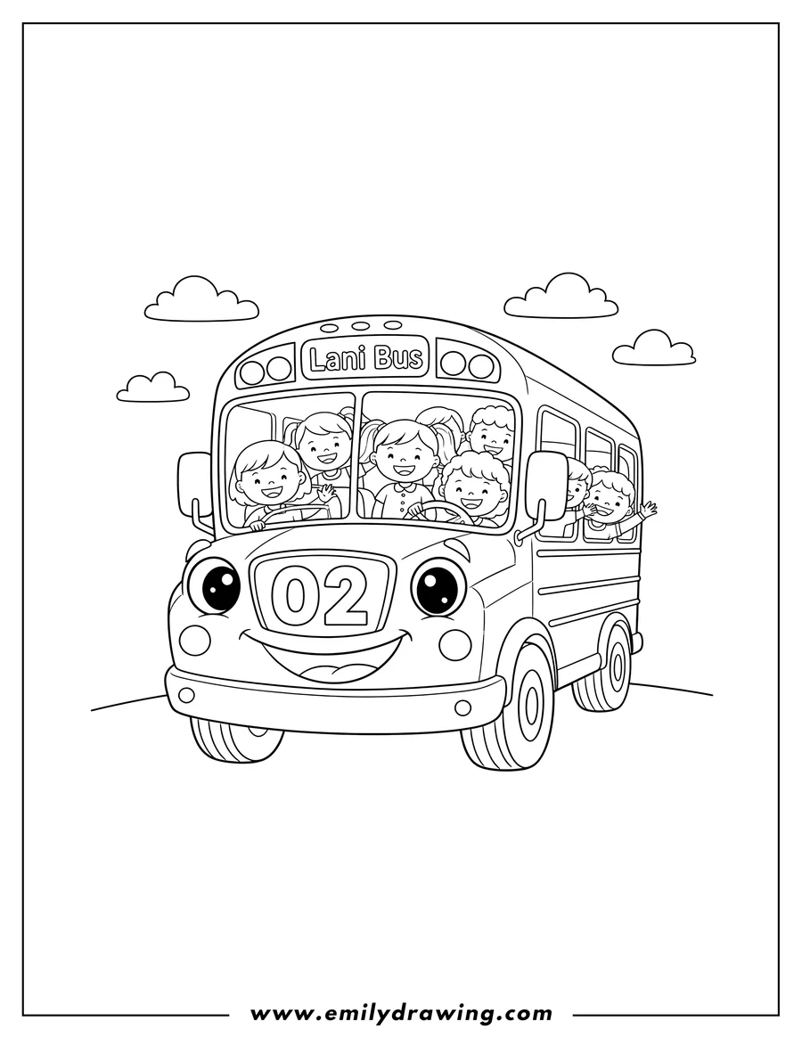 Printable coloring page of smiling Lani Bus Preschoolers with number 02, shown from the front