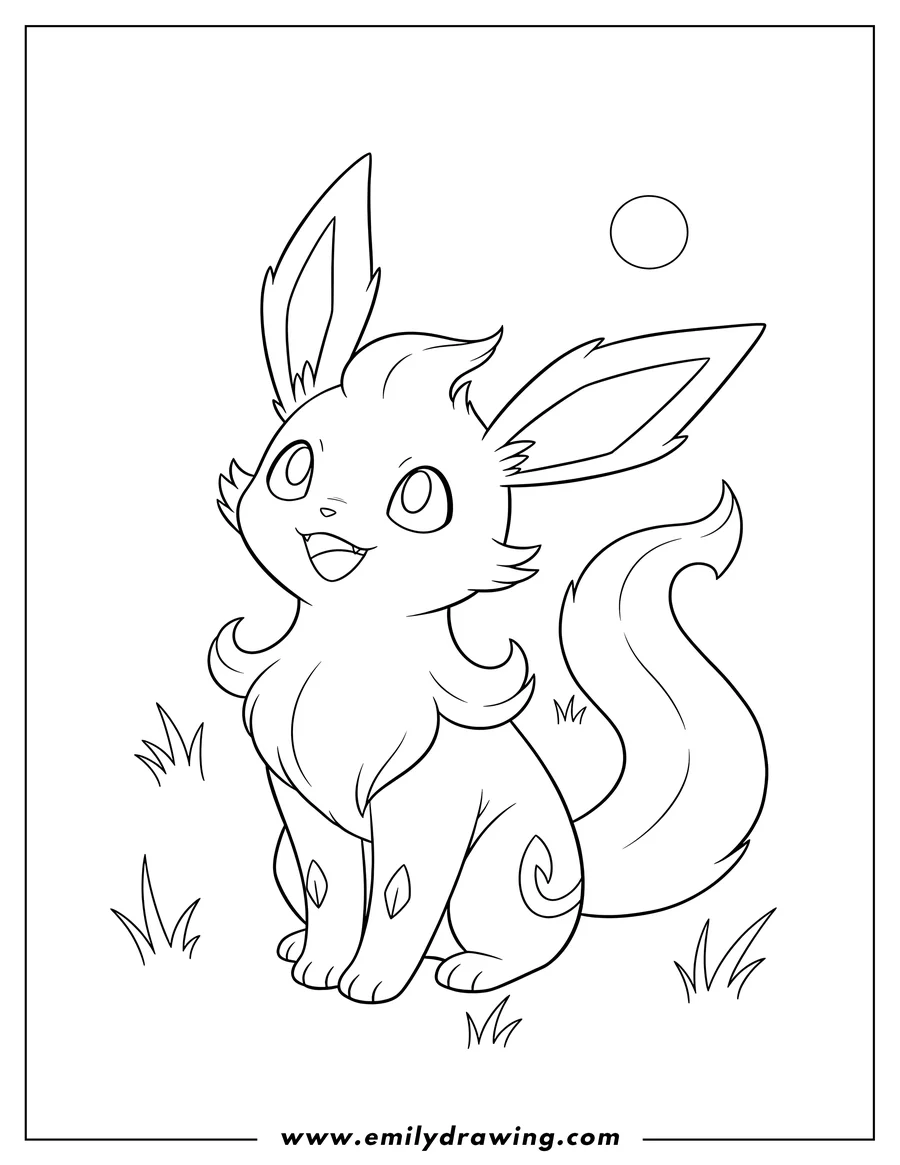 Doodle style coloring picture of smiling Leafeon, sitting and looking up