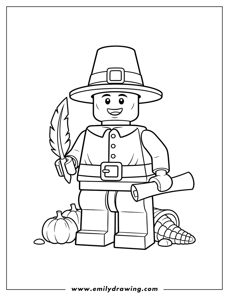 Doodle style coloring picture of smiling Lego Pilgrim with buckle hat and belt, coloring page
