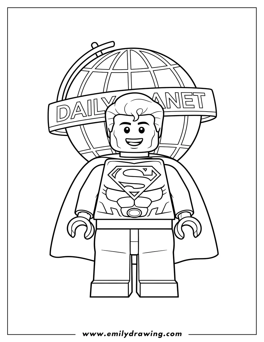 Simple sketch of smiling Lego Superman with cape in front of Daily Planet globe to color