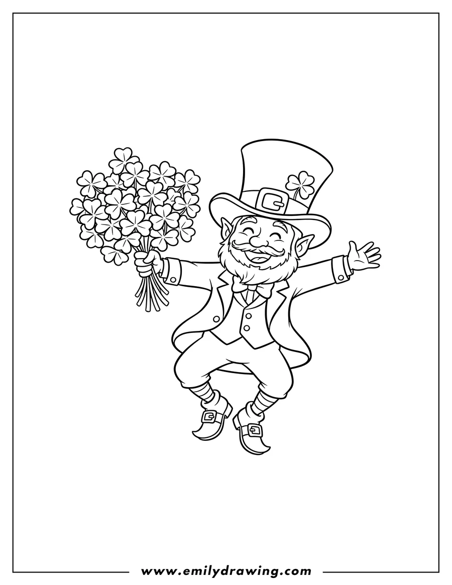 Simple sketch of smiling leprechaun wearing a top hat, dancing while holding a bunch of clovers to color