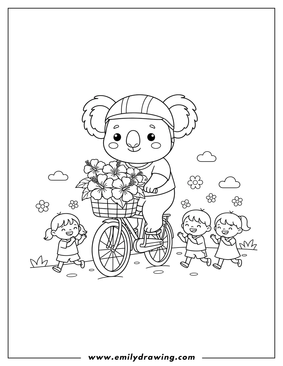 Coloring page for kids: smiling Little Koala Riding Bicycle With Basket of Hibiscus Flowers Preschoolers