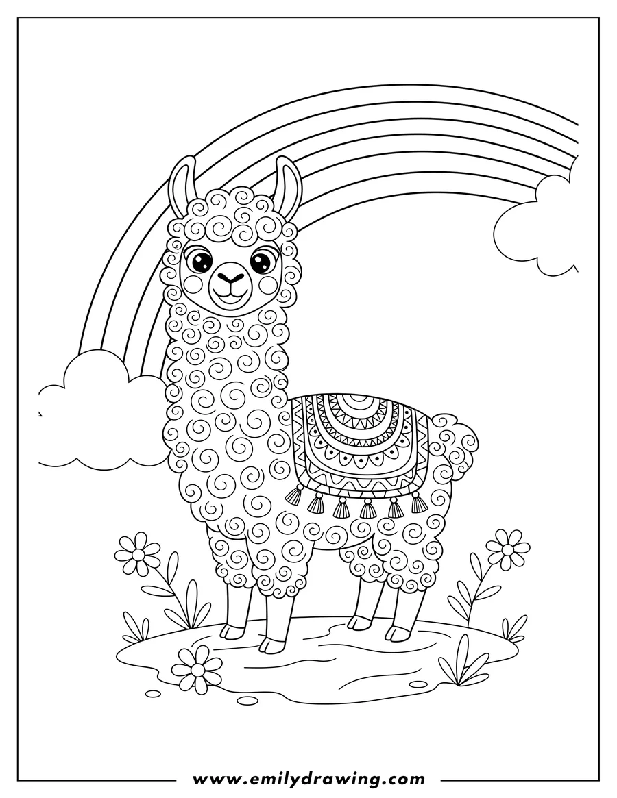 Printable line art of smiling Llama With Curly Fleece, large expressive eyes, and a decorative blanket, in a rainbow scene
