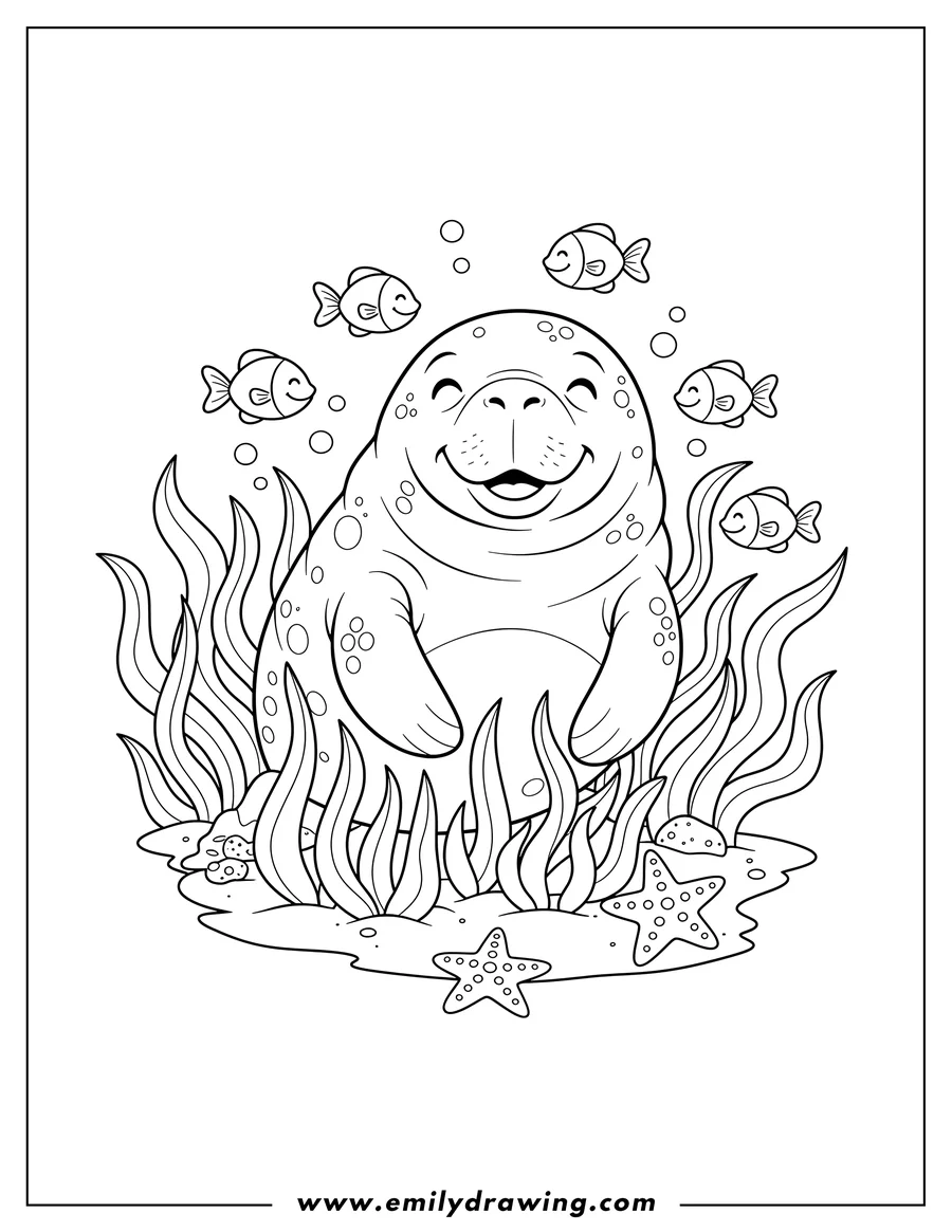 Simple sketch of smiling manatee nestled in aquatic plants, with fish and sea stars to color