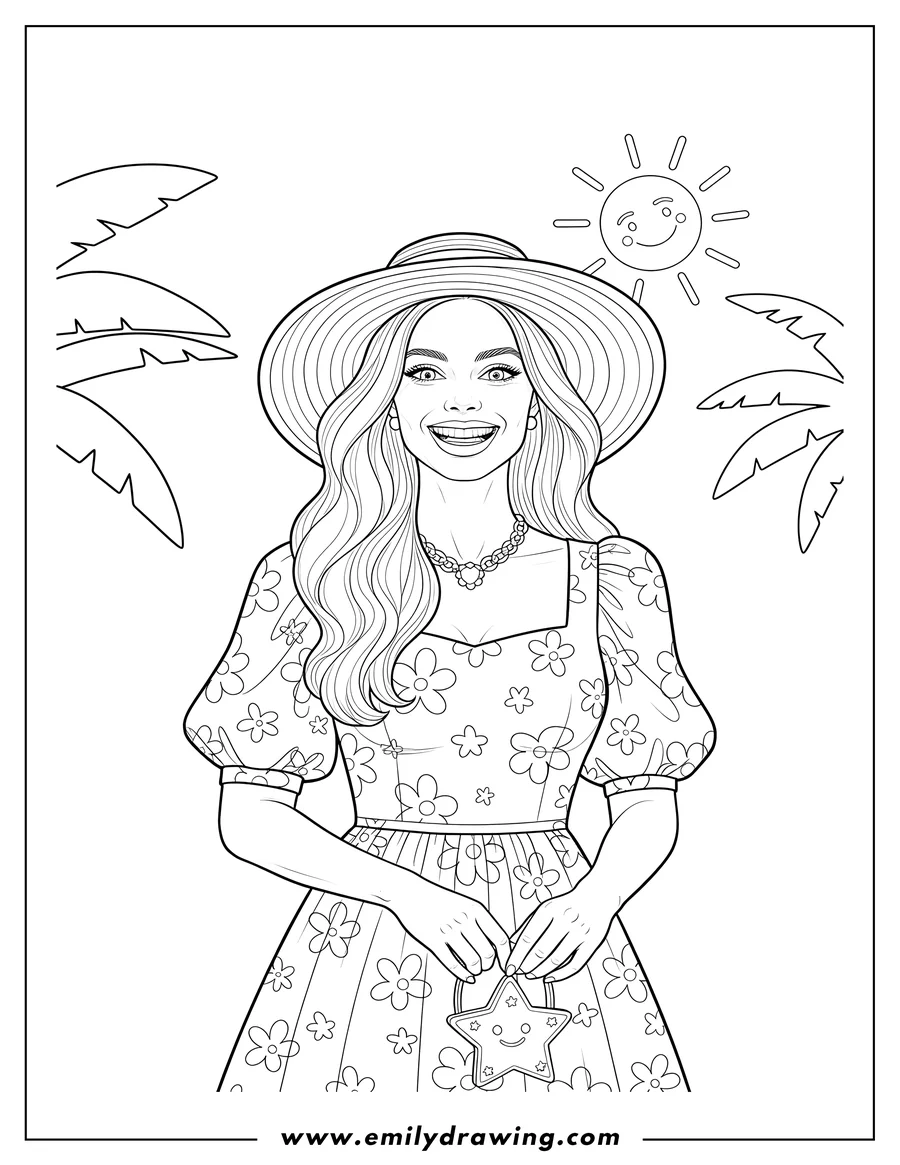 Clean line drawing: smiling Margot Robbie As Barbie with long wavy hair