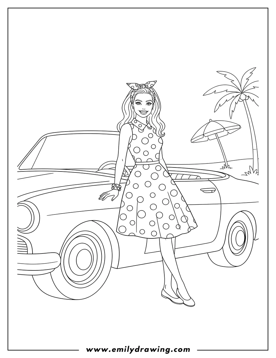 Downloadable coloring page of smiling Margot Robbie From Barbie Movie, leaning on a car, wearing a polka-dot headband