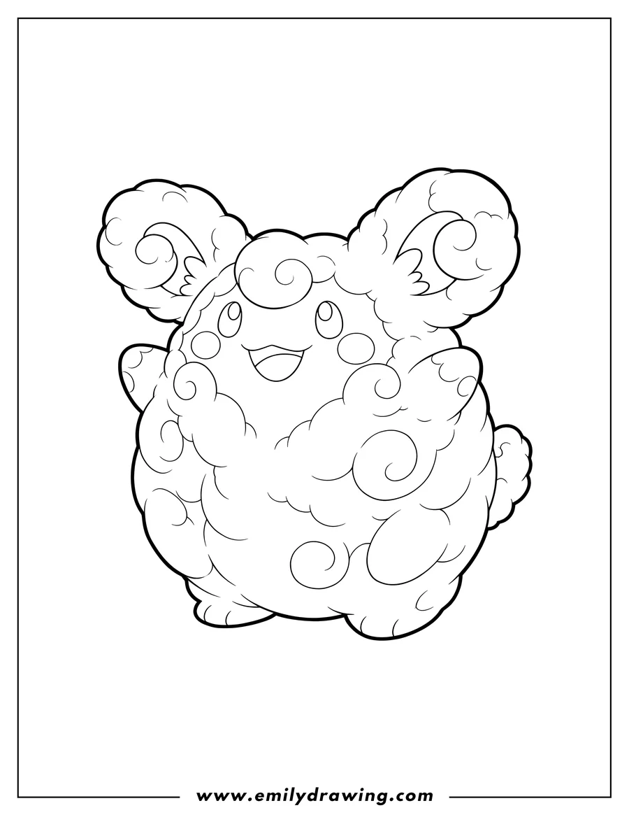Coloring page of smiling Mega Wigglytuff with fluffy ears and a cloud-like body