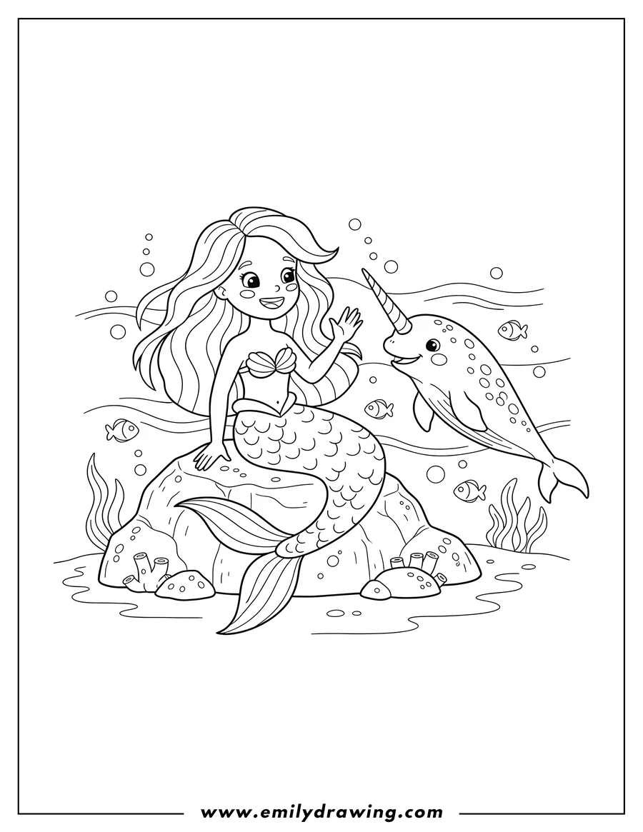 Outline drawing of smiling Mermaid Sitting On Rock With Swimming Narwhal With Horn Underwater