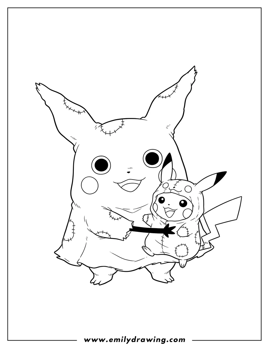 Printable line art of smiling Mimikyu holding smiling Pikachu dressed as Mimikyu