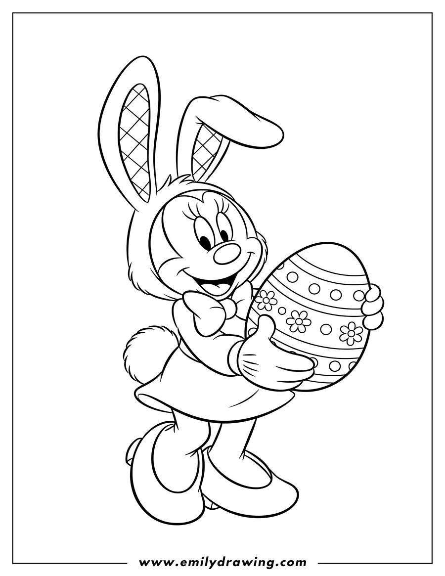 Downloadable coloring page of smiling Minnie Mouse in a Bunny Costume holding an Easter egg