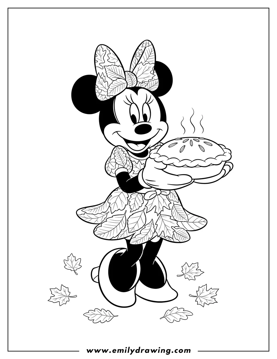 Printable line art of smiling Minnie Mouse in an autumn leaf dress, carrying a Thanksgiving pie with a leaf design