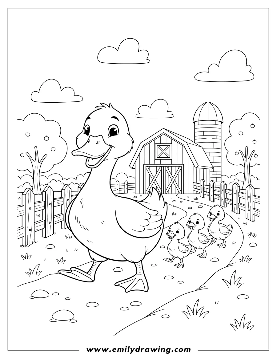 Linear illustration of smiling Mother Duck and three ducklings walking in a line on a farm