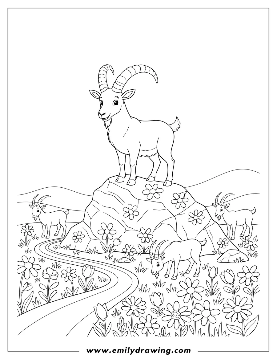 High quality printable A smiling mountain goat standing on a rock in a flower field with grazing goats and a path for coloring