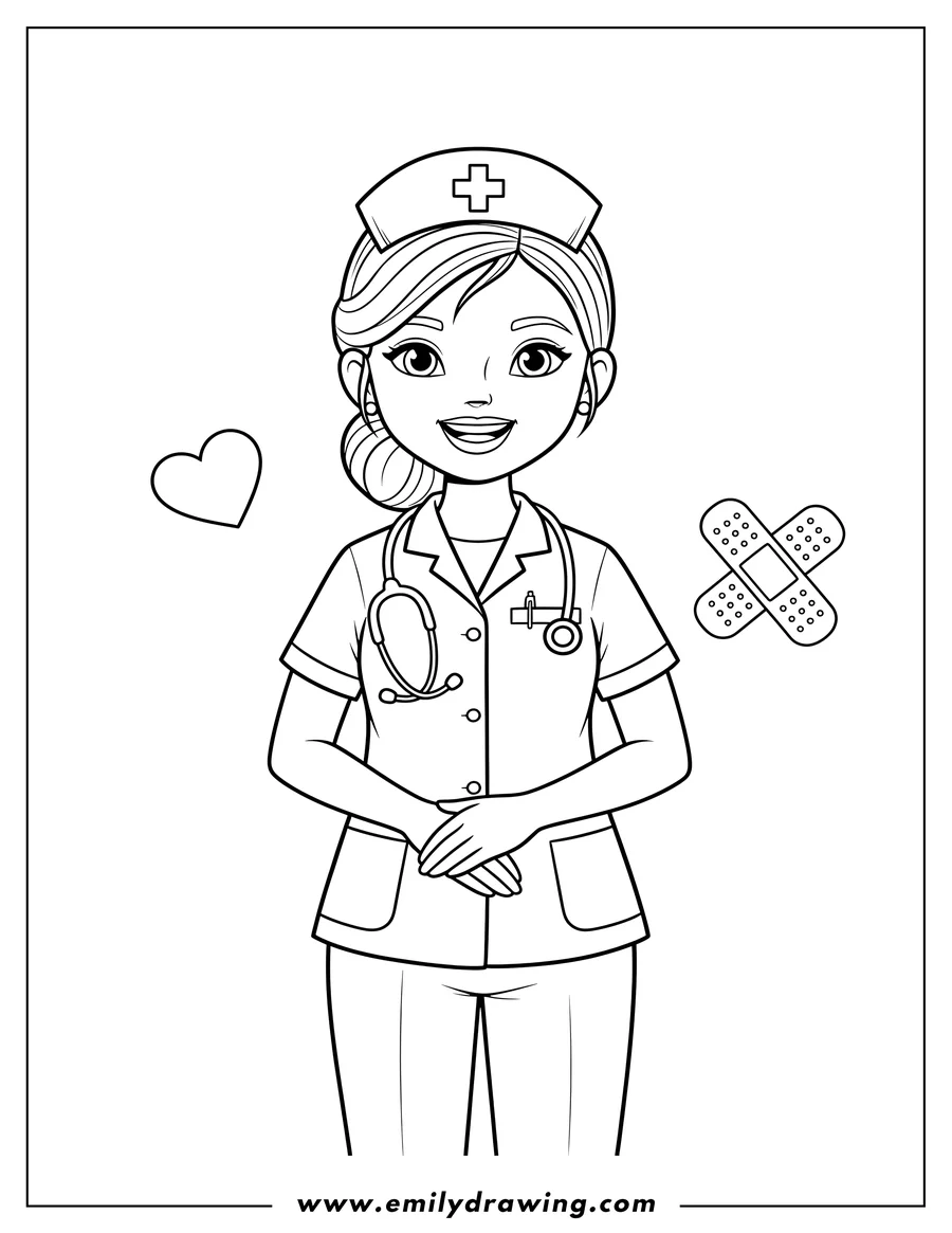 Vector style outline of smiling Nurse Community Helper wearing a stethoscope and uniform