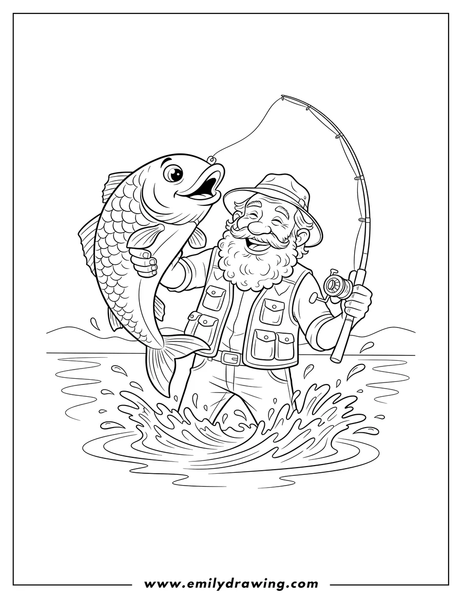 Full page coloring image of smiling old man holding a large fish with splashing water and a fishing rod