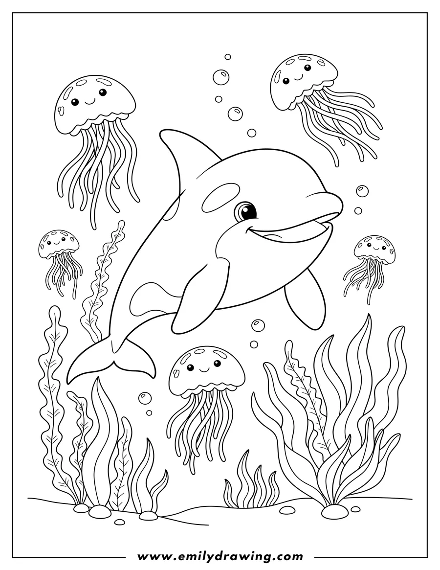 Doodle style coloring picture of smiling orca swimming amidst jellyfish and sea plants