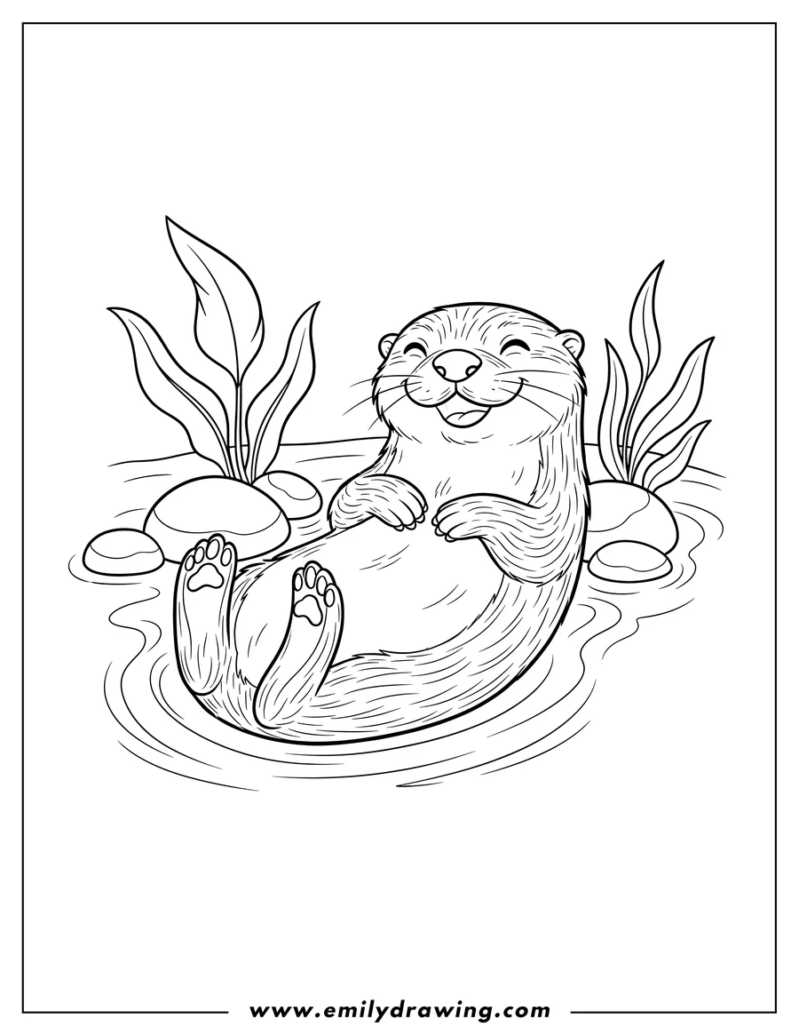 Clean line drawing: smiling Otter Floating on its Back in River Next To Rocks And Plants