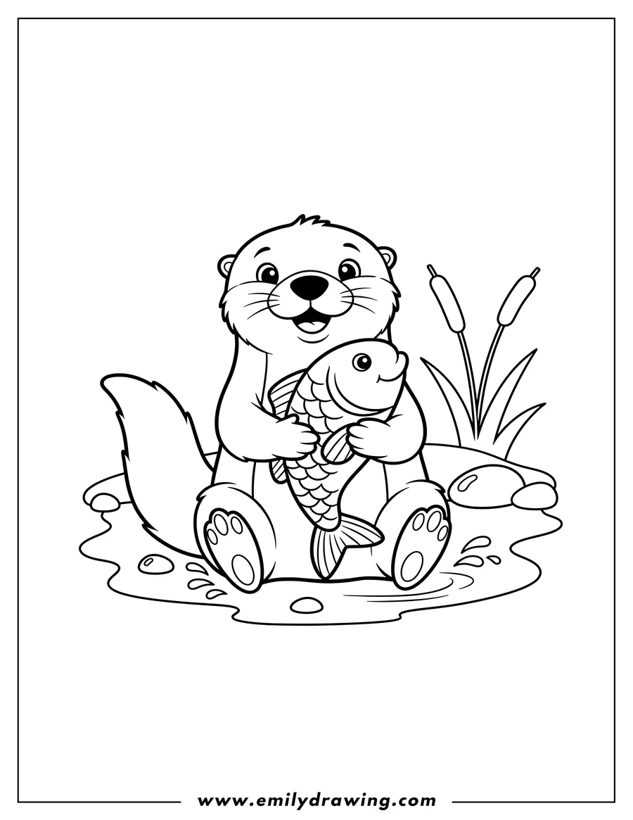 Free to print drawing of smiling otter sitting upright and holding a fish, outline for preschoolers