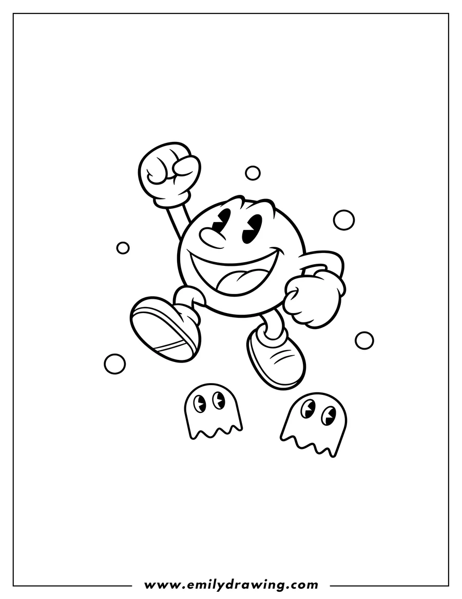 Coloring page for kids: smiling Pac Man jumping with fist in air
