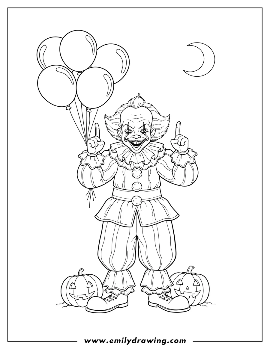 Outline drawing of smiling Pennywise Halloween, pointing both index fingers up and grinning with sharp teeth
