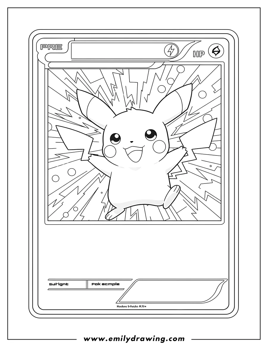 Full page coloring image of smiling Pichu dancing on an Energy Patch Pokemon Card