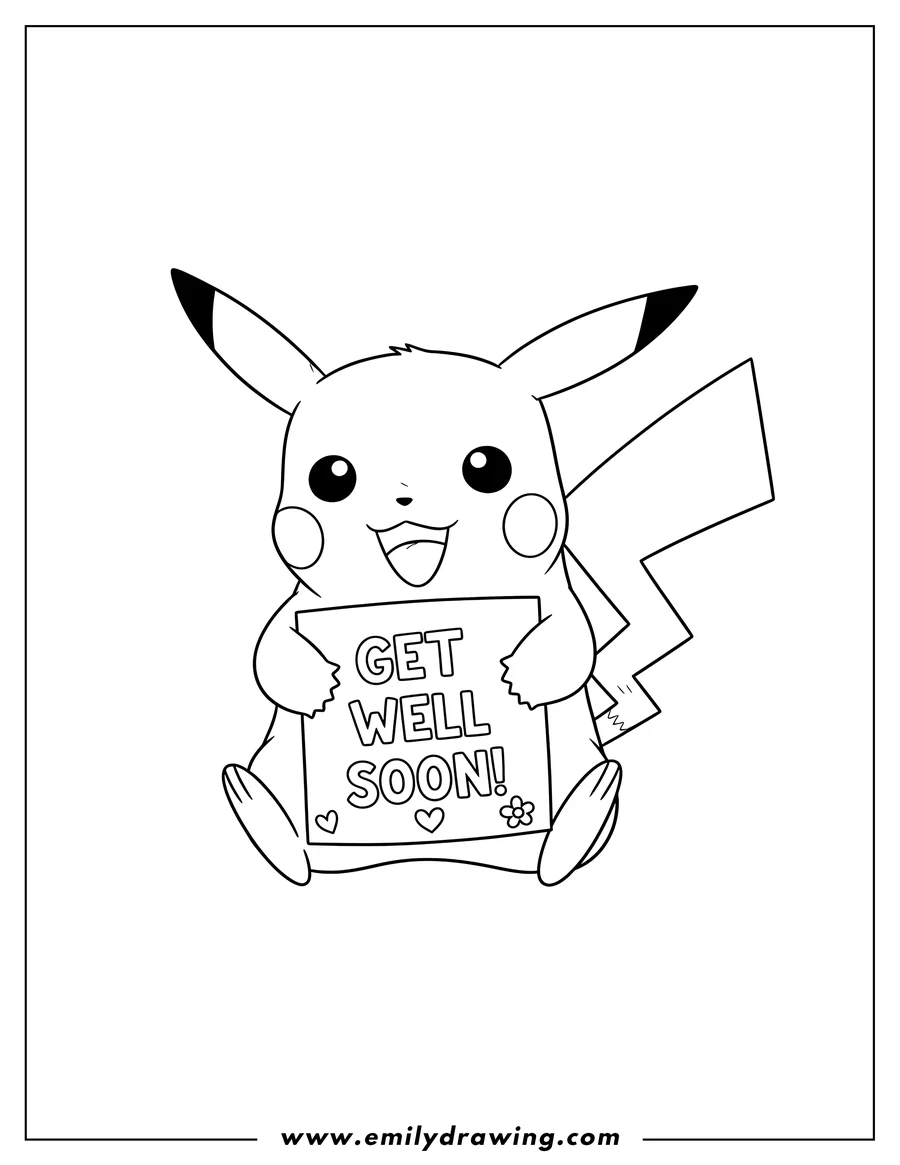 Simple sketch of smiling Pikachu sitting up, hugging a Get Well Soon Card to color