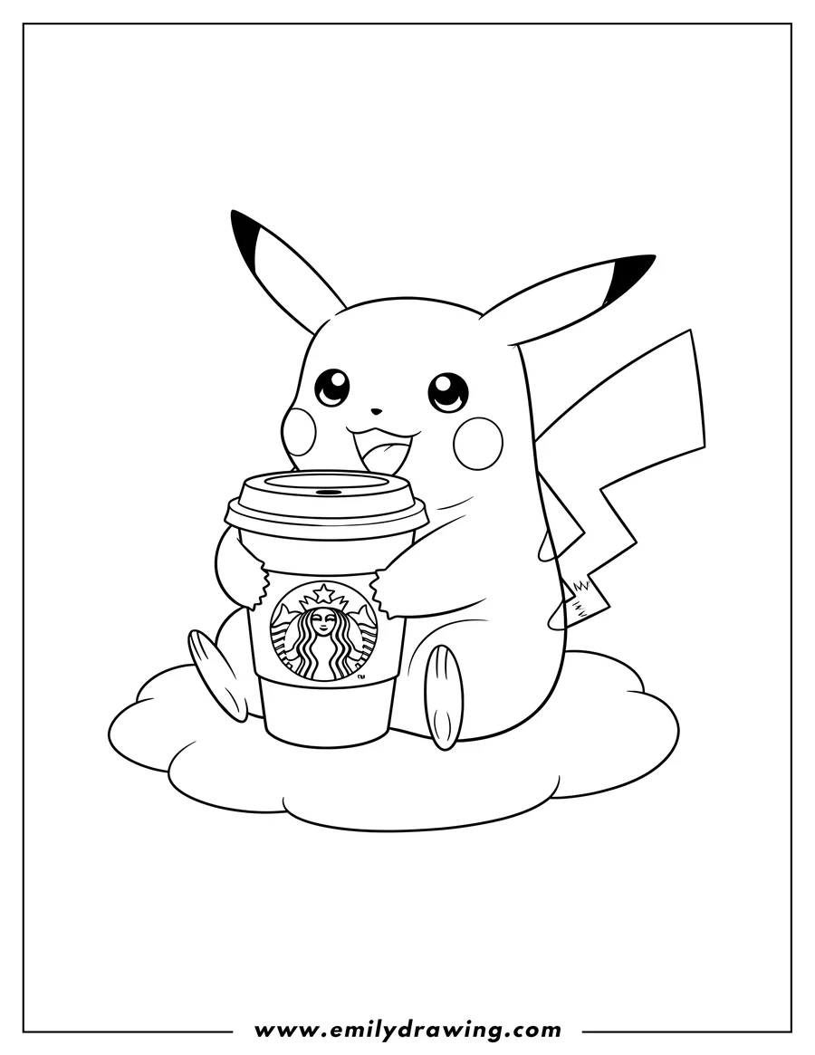 Clean line drawing: smiling Pikachu sitting and hugging a Starbucks coffee cup with a lid