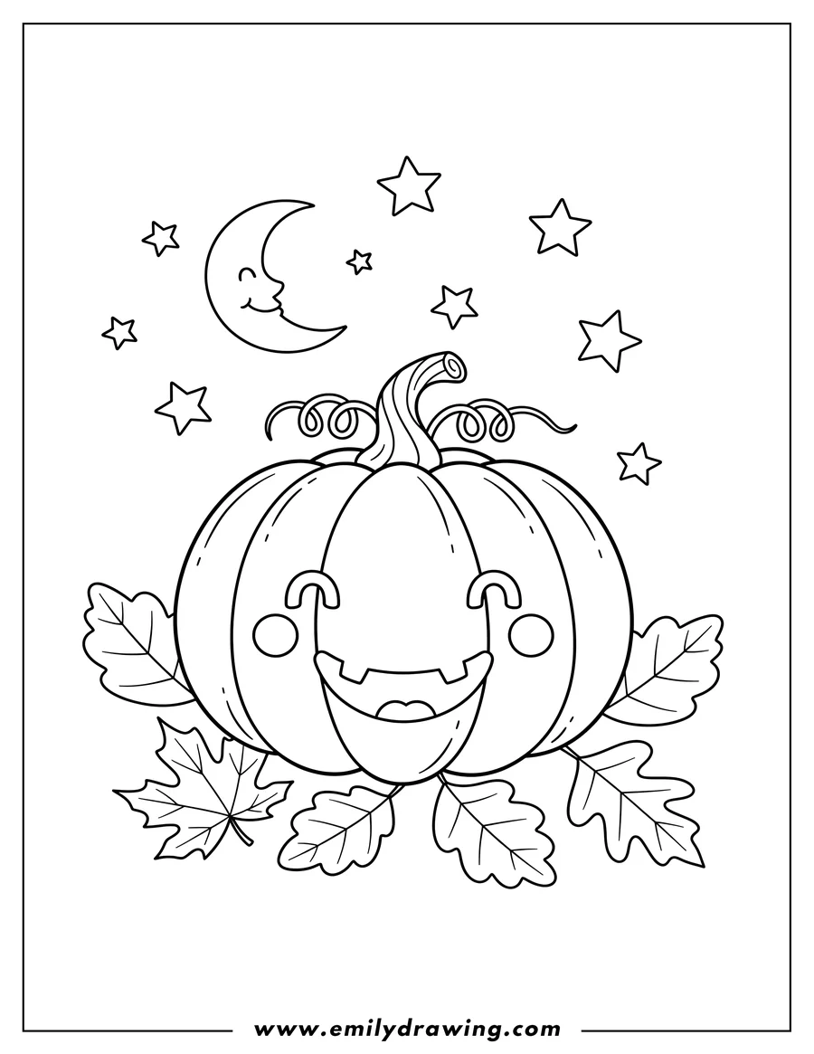 Downloadable coloring page of smiling Pumpkin With Blushing Cheeks, a Curly Stem, and Autumn Leaves, under a Starry Night Sky for Preschoolers