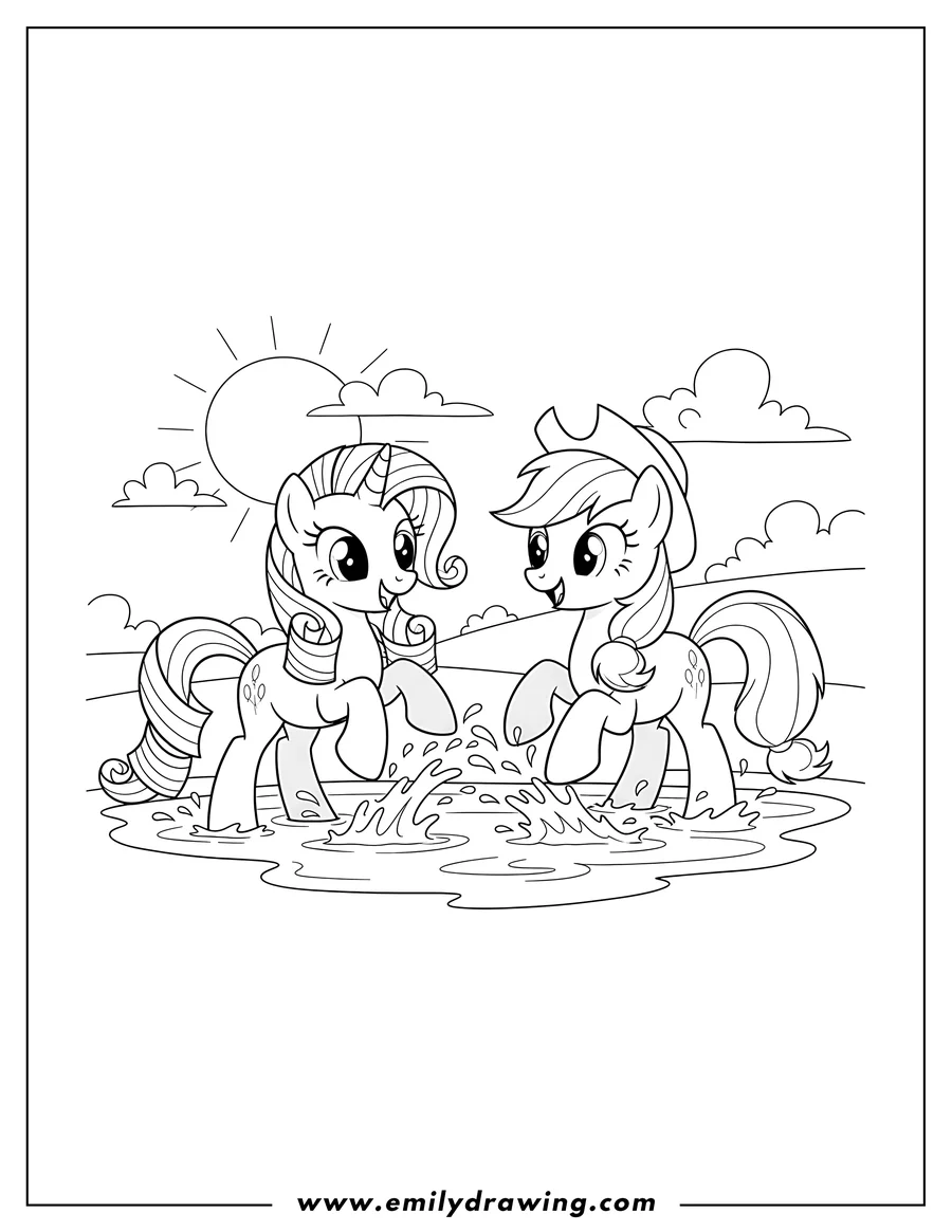 PDF style coloring page: smiling Rarity and Applejack, with Applejack in her hat, playing in the water