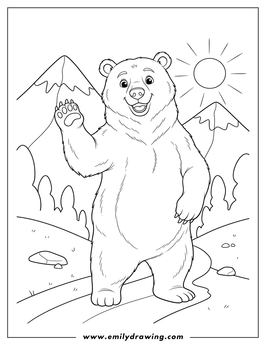 Coloring page for kids: smiling Realistic Bear Standing Up with a Lifted Paw on a Mountainside