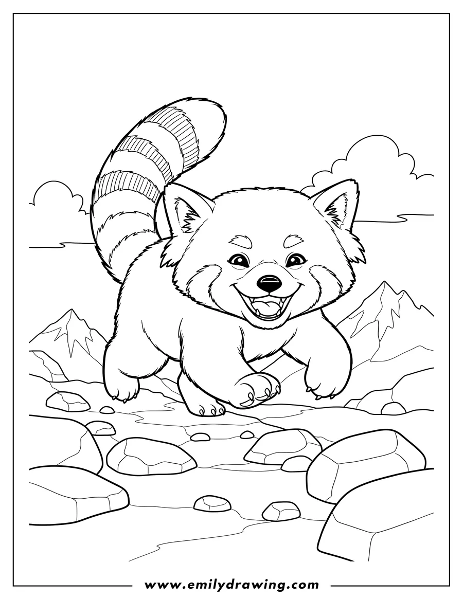 Outline drawing of smiling Red Panda taking a step on mountain terrain, with a striped tail