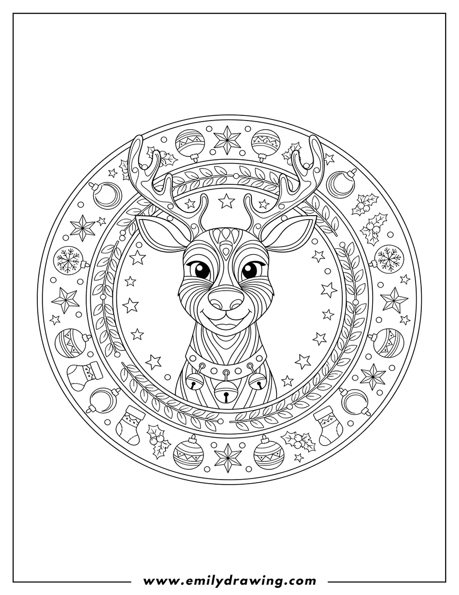 Doodle style coloring picture of smiling reindeer mandala with a bell collar, baubles, stockings, hollies, laurels, and stars