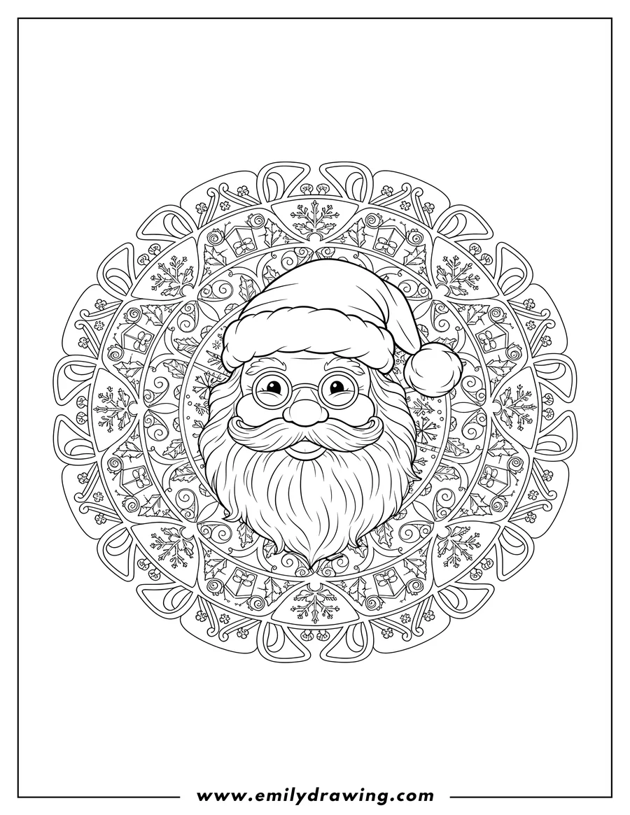 Full page coloring image of smiling Santa Claus Christmas Mandala, with Santa's face wearing glasses and a hat at the center