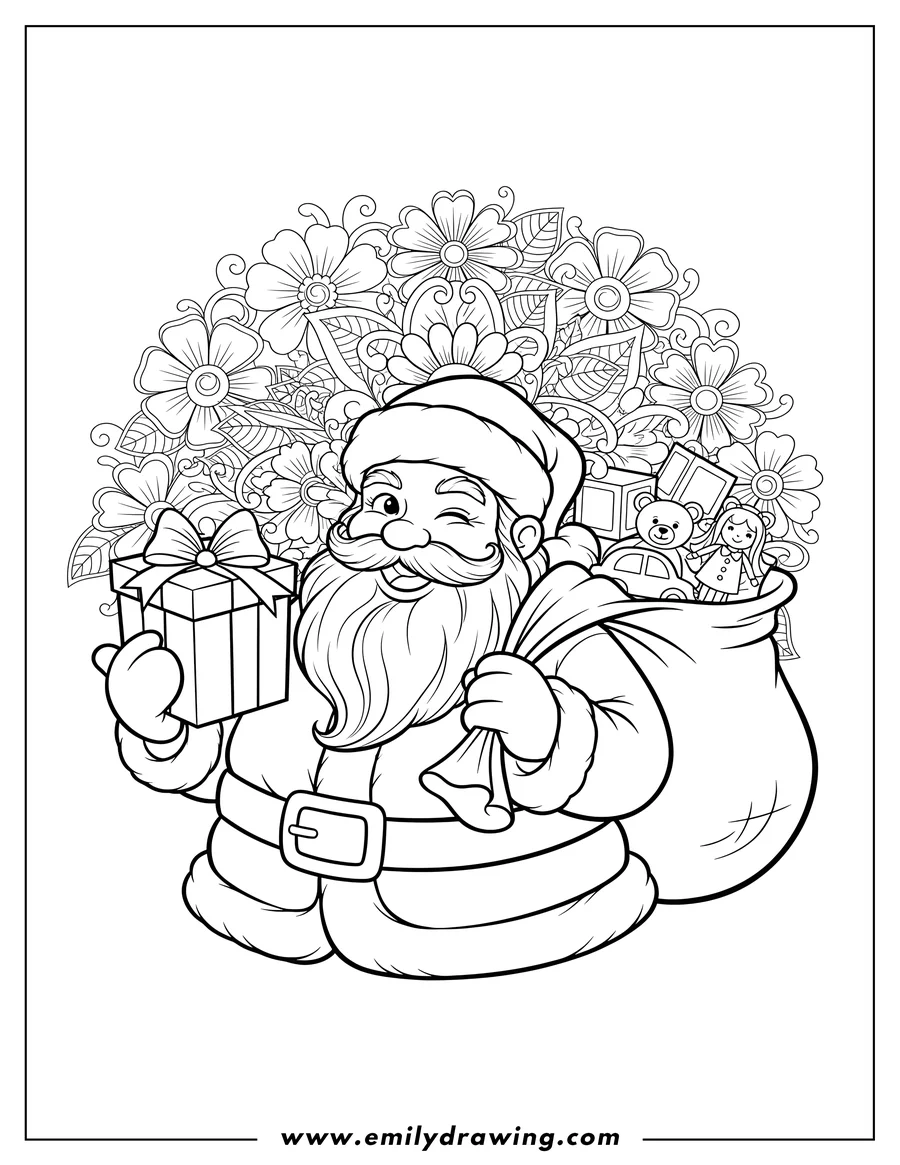 Vector style outline of smiling Santa Claus holding a gift and carrying a sack, in front of a beautiful flower mandala