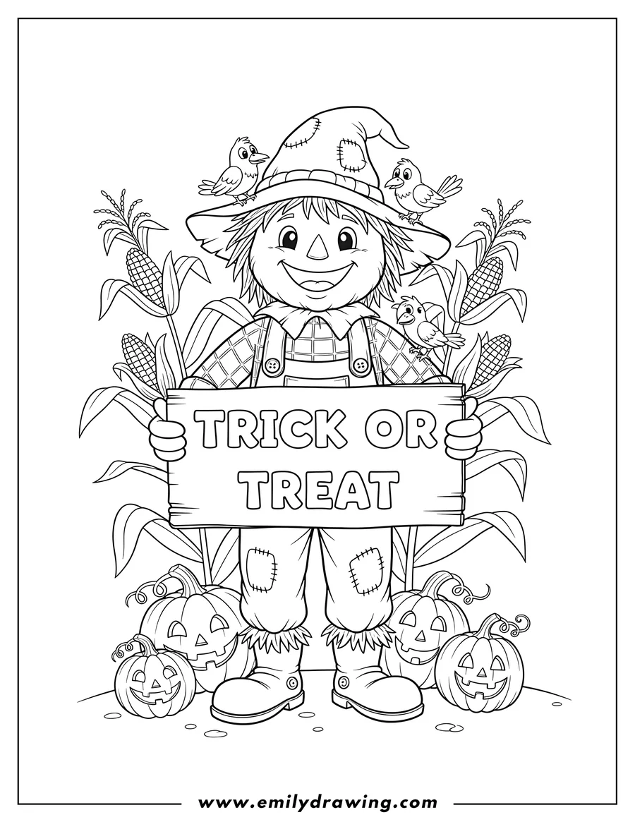 Printable coloring page of smiling Scarecrow Holding Trick Or Treat Sign With Pumpkins, Cornstalks, and Crows