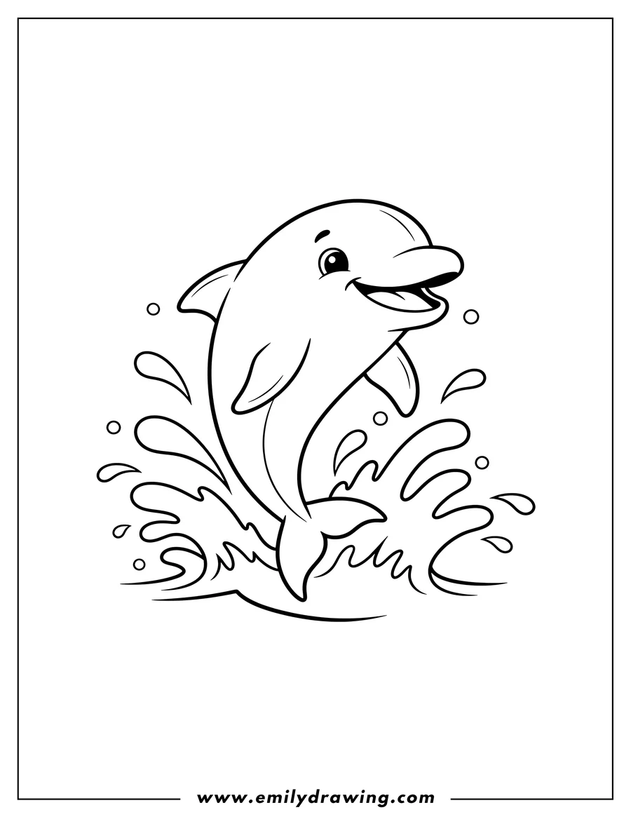 High quality printable smiling simple outline dolphin splashing for coloring