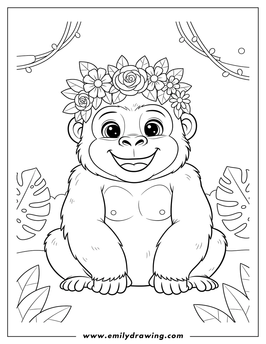 High quality printable smiling, sitting baby Gorilla with big, cute eyes and Floral Headband Preschoolers for coloring
