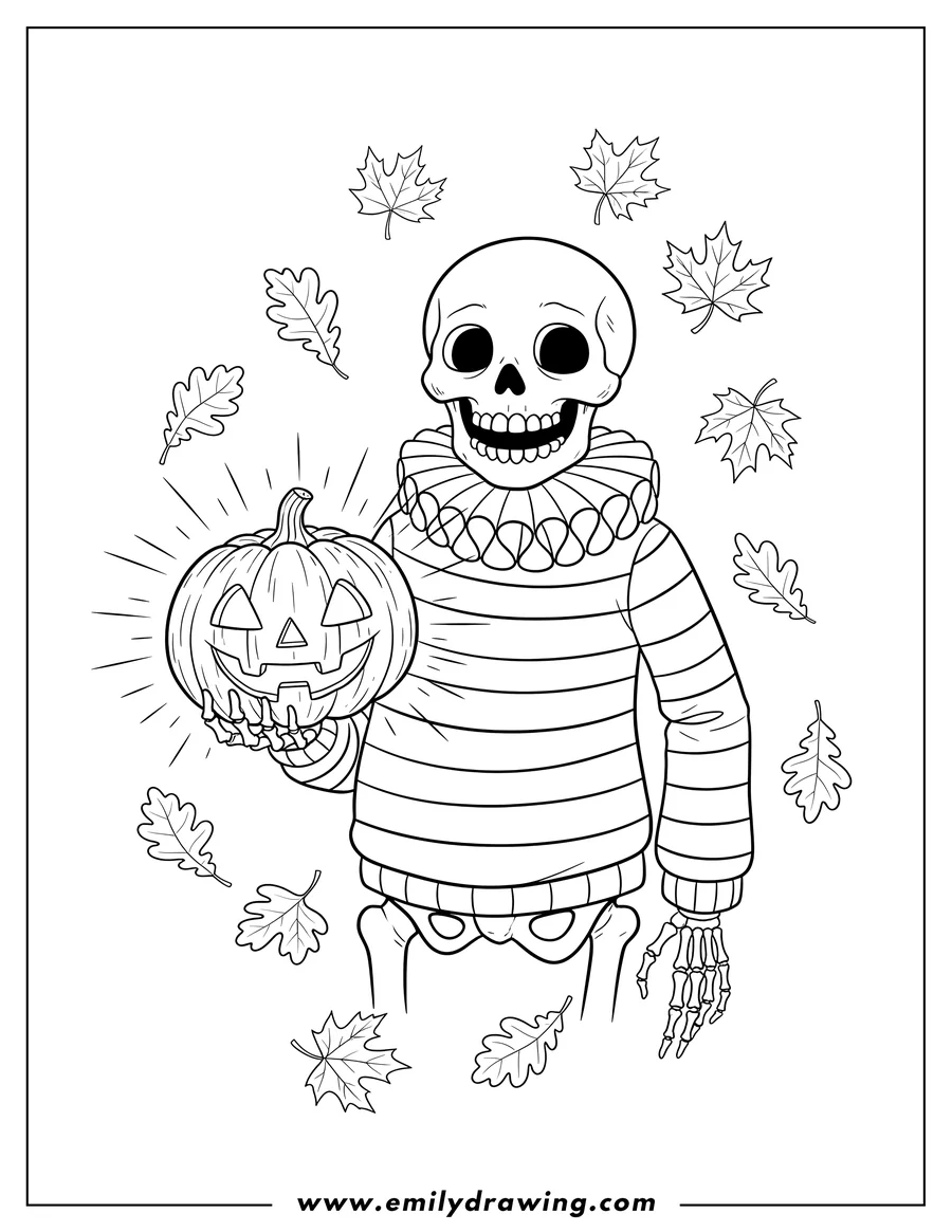 Printable coloring page of smiling skeleton wearing a striped sweater and ruffled collar, holding a carved jack-o'-lantern, with autumn leaves