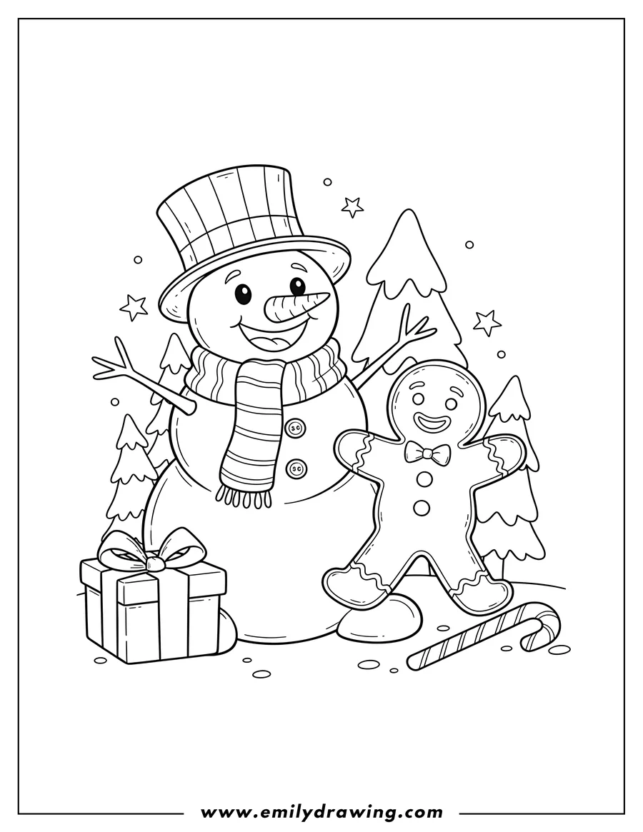 Free to print drawing of smiling snowman with a hat and gingerbread man standing together for Christmas