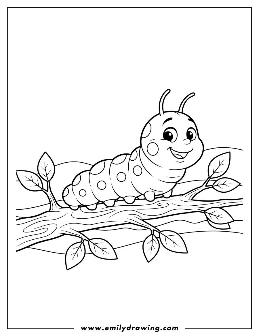 Outline drawing of smiling, spotted caterpillar crawling on a tree branch
