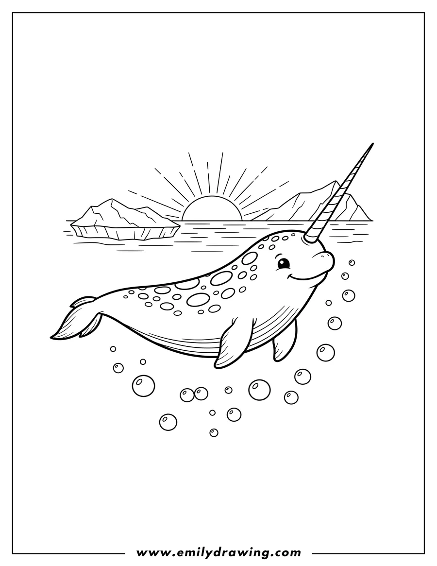 High quality printable smiling, spotted narwhal swimming underwater with bubbles beneath an Arctic sunset for coloring