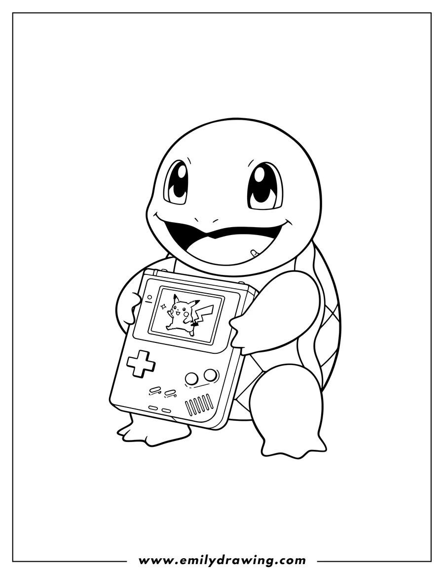 Printable coloring page of smiling Squirtle holding a Gameboy with pixel art on the screen
