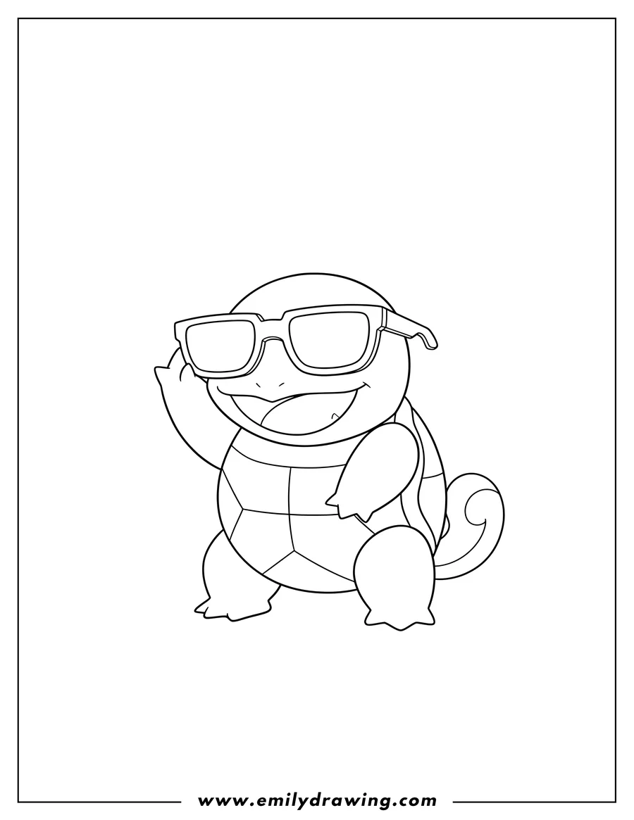 Coloring page of smiling Squirtle holding up one squad sunglass arm