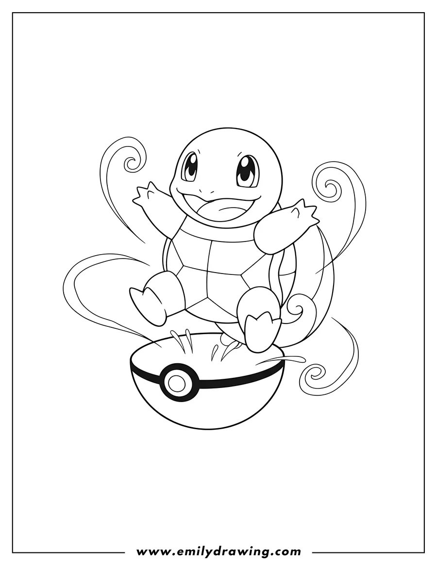 Simple sketch of smiling Squirtle jumping out of a Pokeball with rays to color