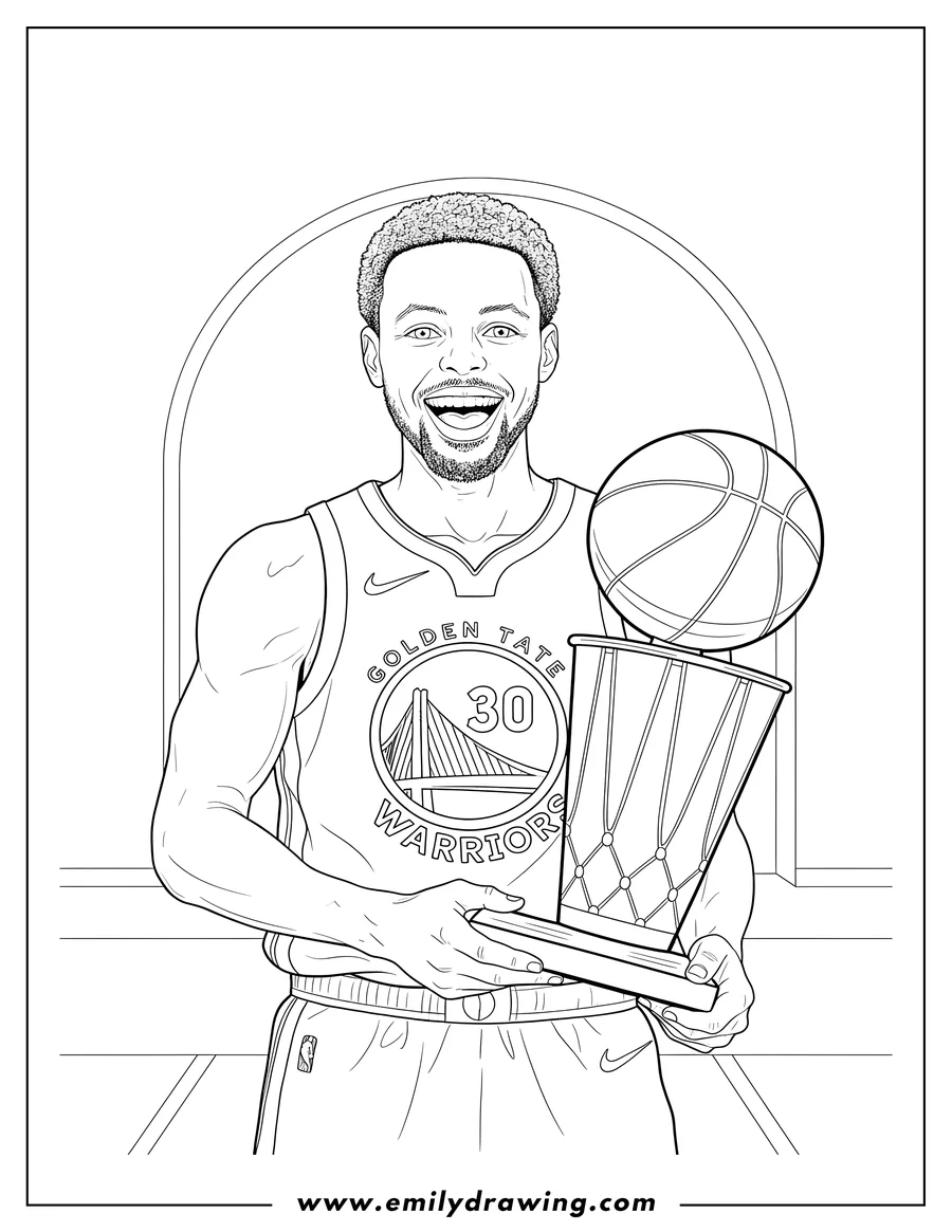 Printable line art of stephen Curry smiling in his jersey #30, holding the championship trophy